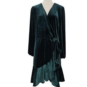 Melonie T Velvet Dress Women 18 Emerald‎ Green Asymmetrical Ruffle Hem Party